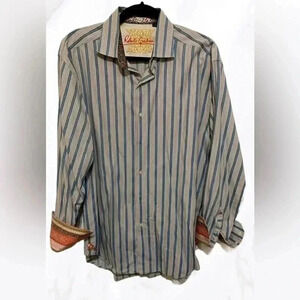 Robert Graham stylish casual trendy  button down blue/yellow stripes shirt XL